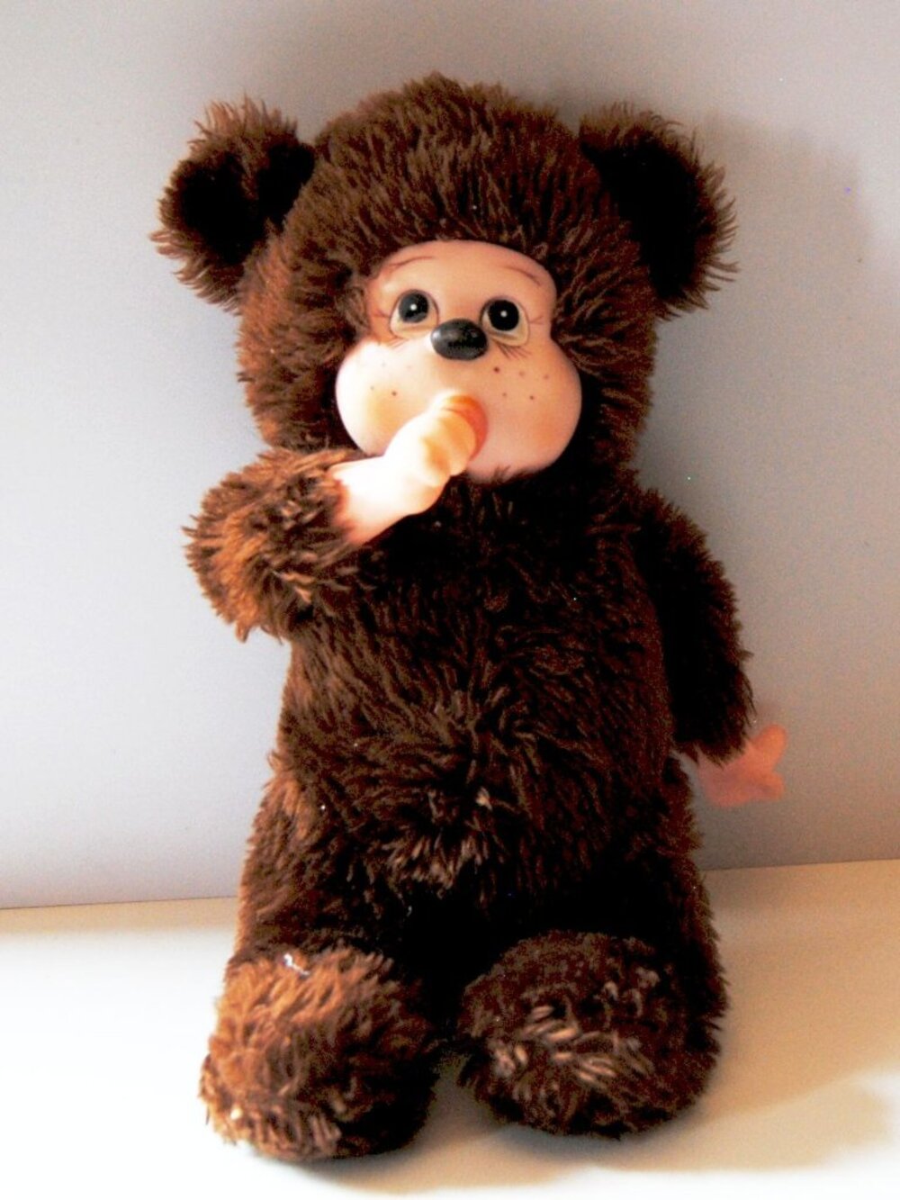 Vintage 1980s Rubber Face Thumb‑Sucking Monkey Plush – 12” Brown Furry